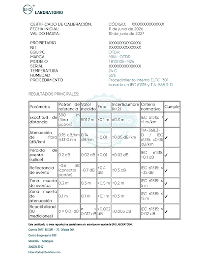 Certificado de calibración EFO Laboratorio